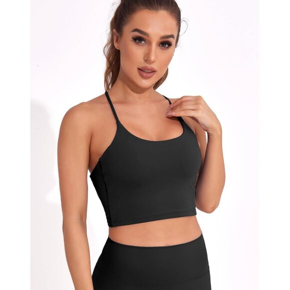 Women’s Black Open Back Sports Bra Longline Padded Crop Yoga Tank - Picture 2 of 8